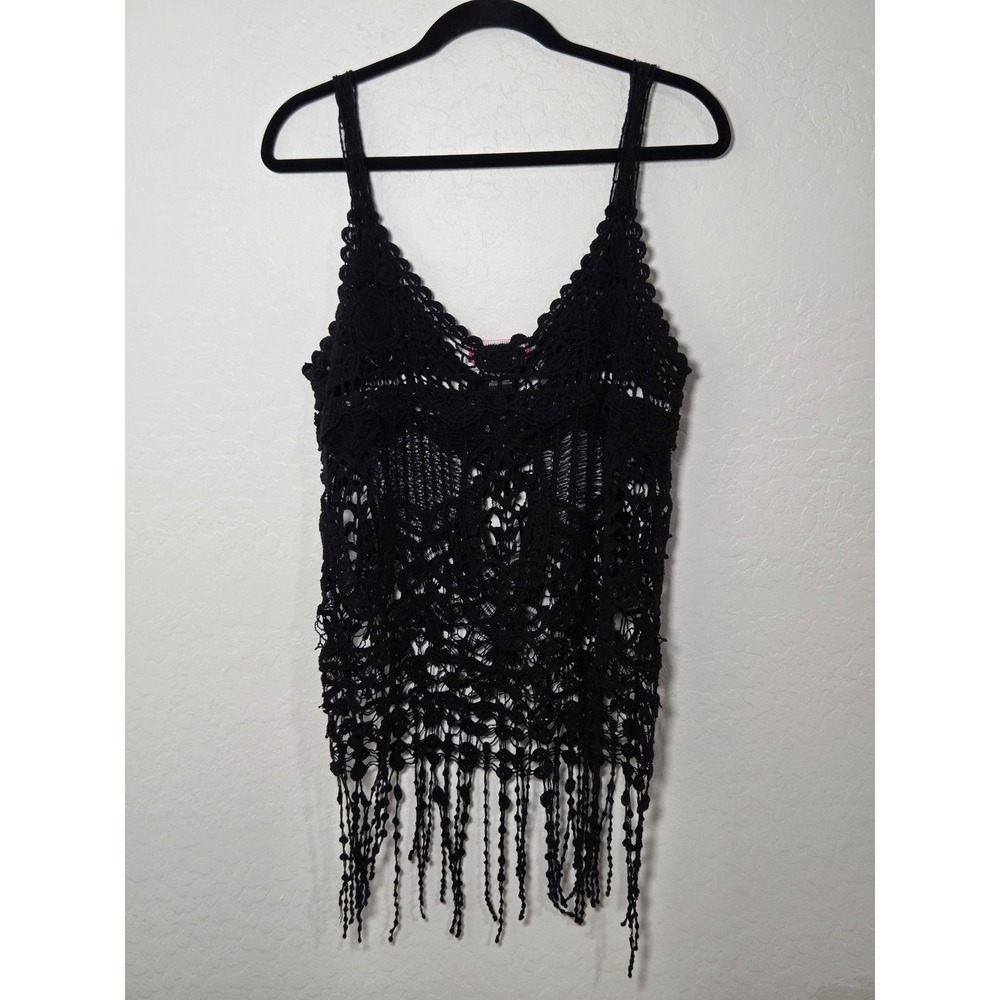 Say What? Womens Black Crochet Knit Fringe Tank Top Boho Festival Cami Medium